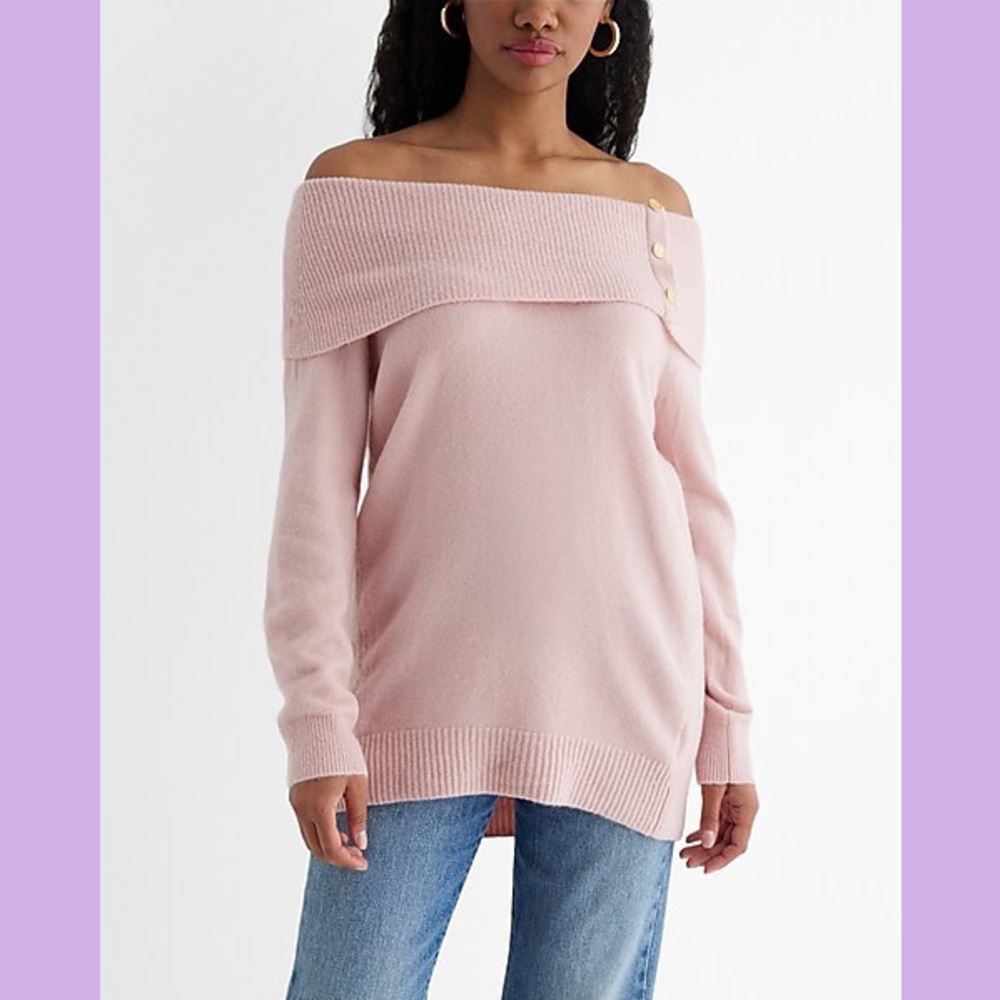 NWT Express Pink Novelty Button Off The Shoulder Oversized Sweater